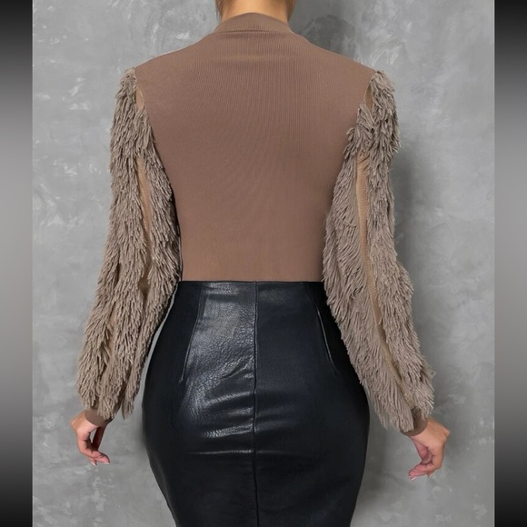 Cozy Faux Fur Fuzzy Long Puff Cuff Sleeve Mock Neck Top Blouse Shirt Black - Picture 12 of 16